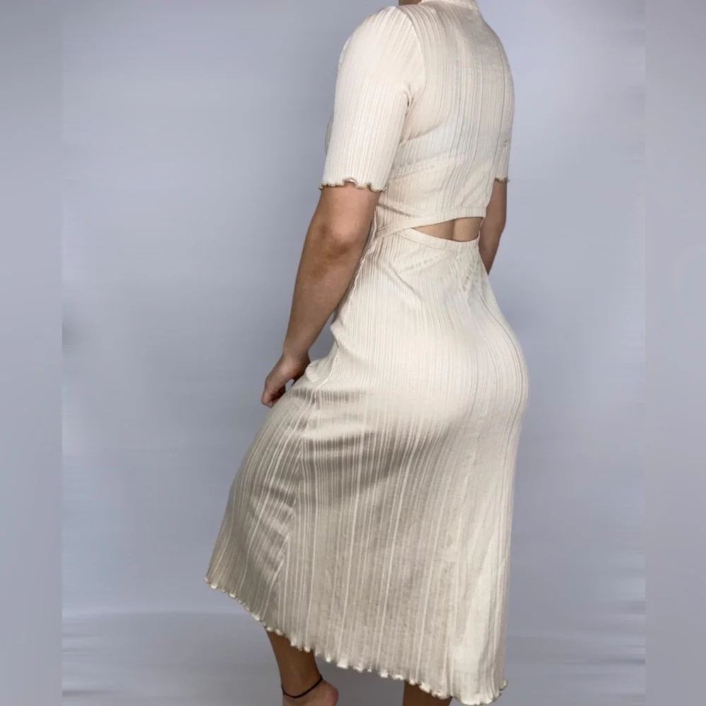 EVERLANE‎ The Open Back Rib Maxi Short Sleeve Dress Cream Ruffle Crew Neck - Picture 3 of 5